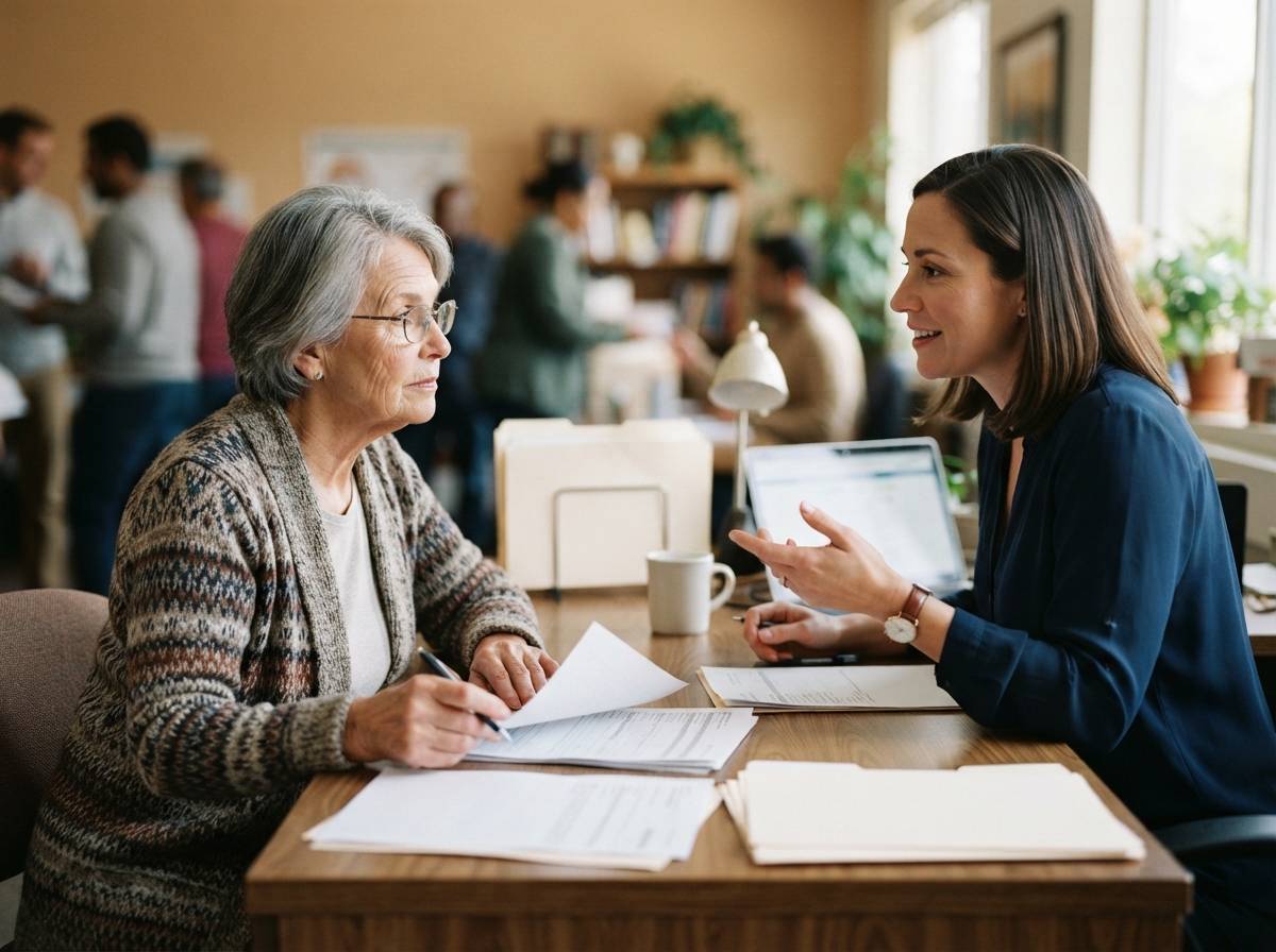 An older woman discusses paperwork with a counselor at a community office.