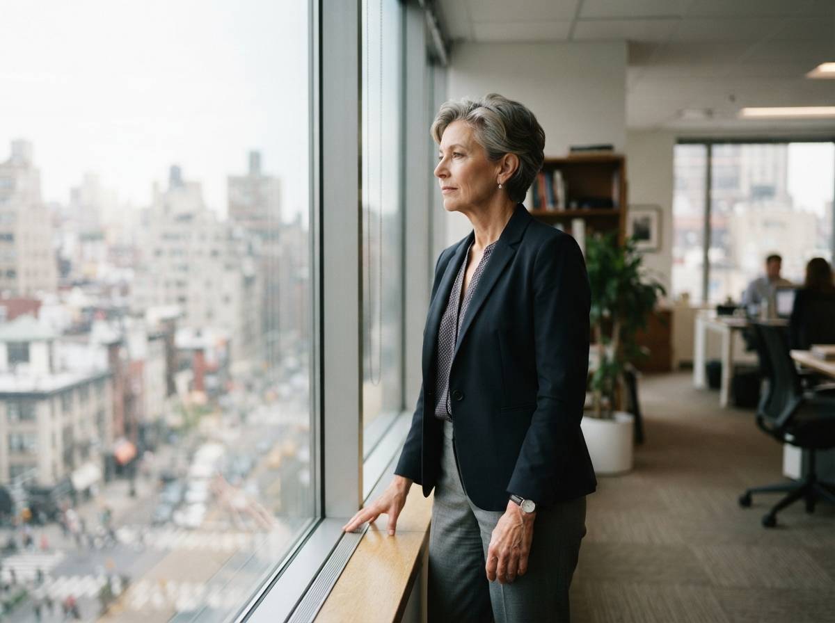 An older woman pauses by an office window during the workday.