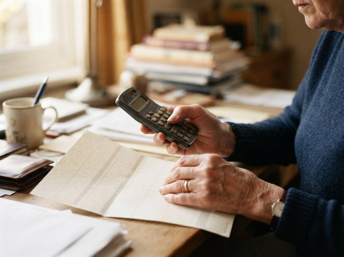 An older woman reviews a printed bank statement while using a calculator at her home desk.