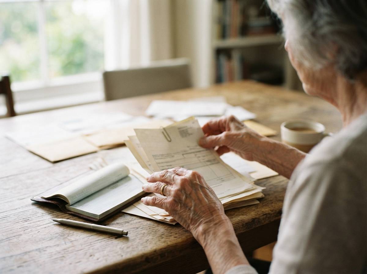 An older woman sorts through retirement paperwork at her kitchen table.