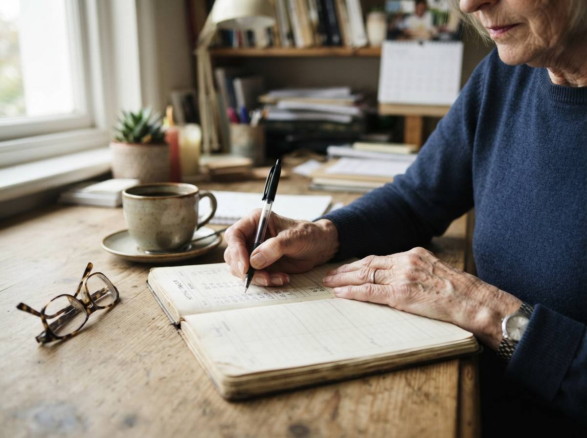 An older woman writes retirement budget figures by hand in a notebook.