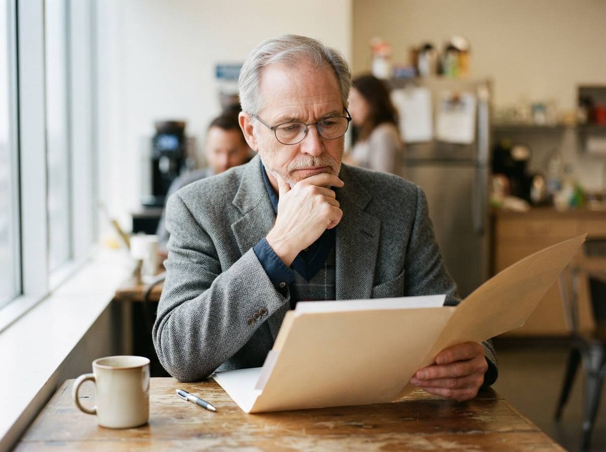 An older worker reviews retirement and health insurance documents in an office break room.