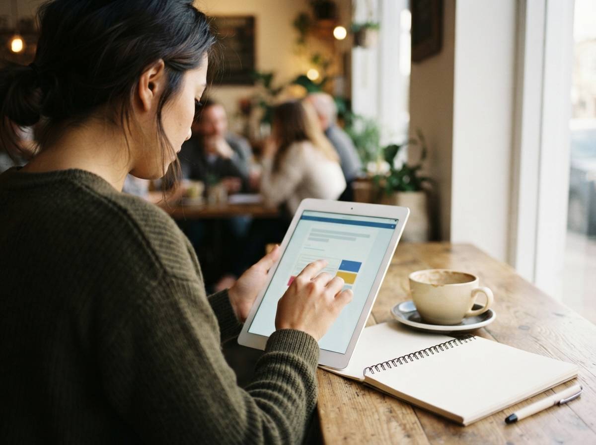Close up of a person taking an online financial literacy quiz on a tablet.