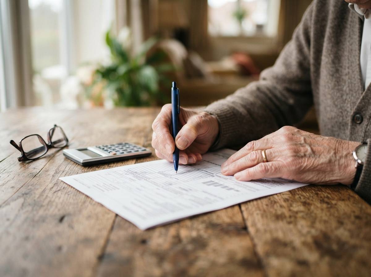Close up of a retiree's hands reviewing a benefits statement with a pen and calculator nearby.