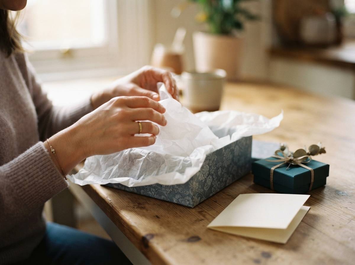 Close up of a woman's hands opening a wrapped retirement gift box on a table.
