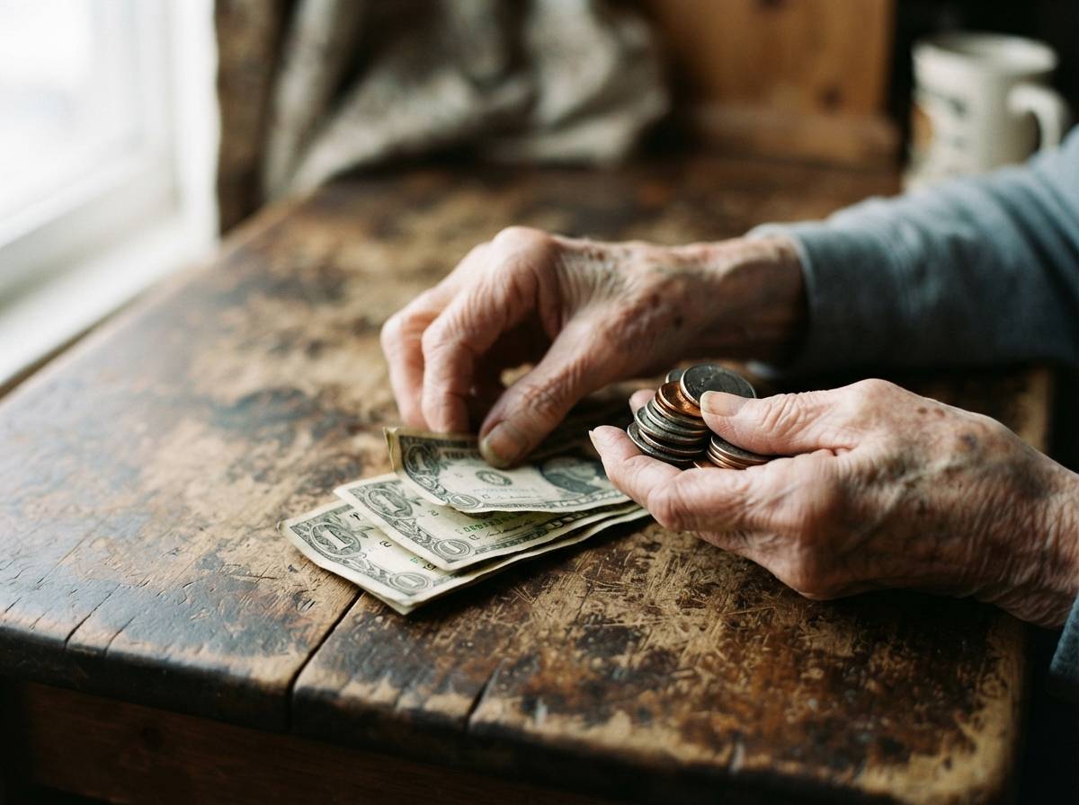 Close up of an elderly person's hands counting coins and cash on a wooden table.