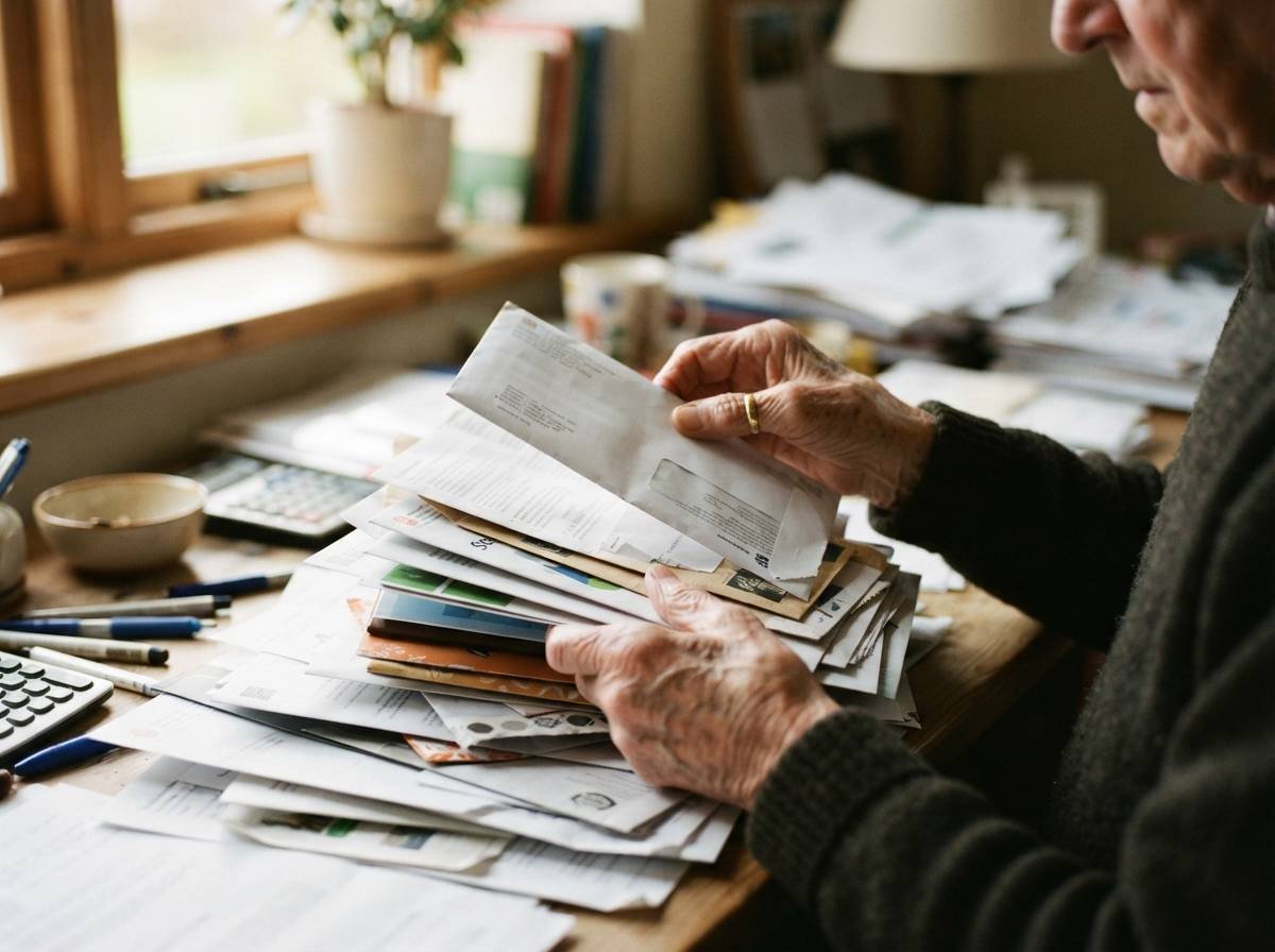 Close up of an older person's hands sorting through retirement and pension paperwork.