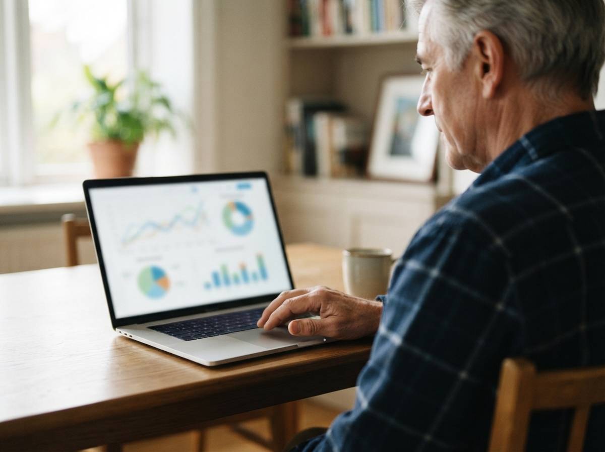 Close up over the shoulder view of a retiree reviewing financial projections on a laptop screen.