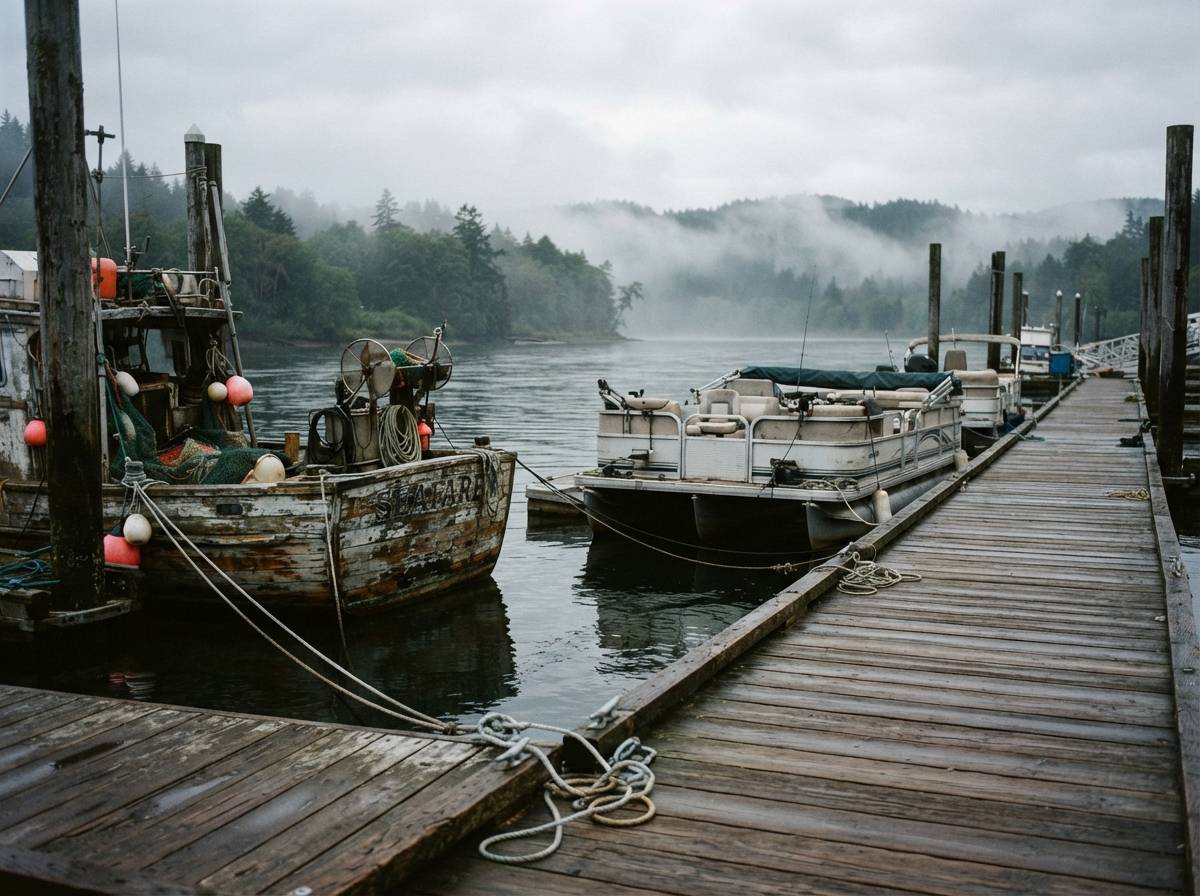 Pontoon and fishing boats tied up at a quiet river marina on a misty morning.