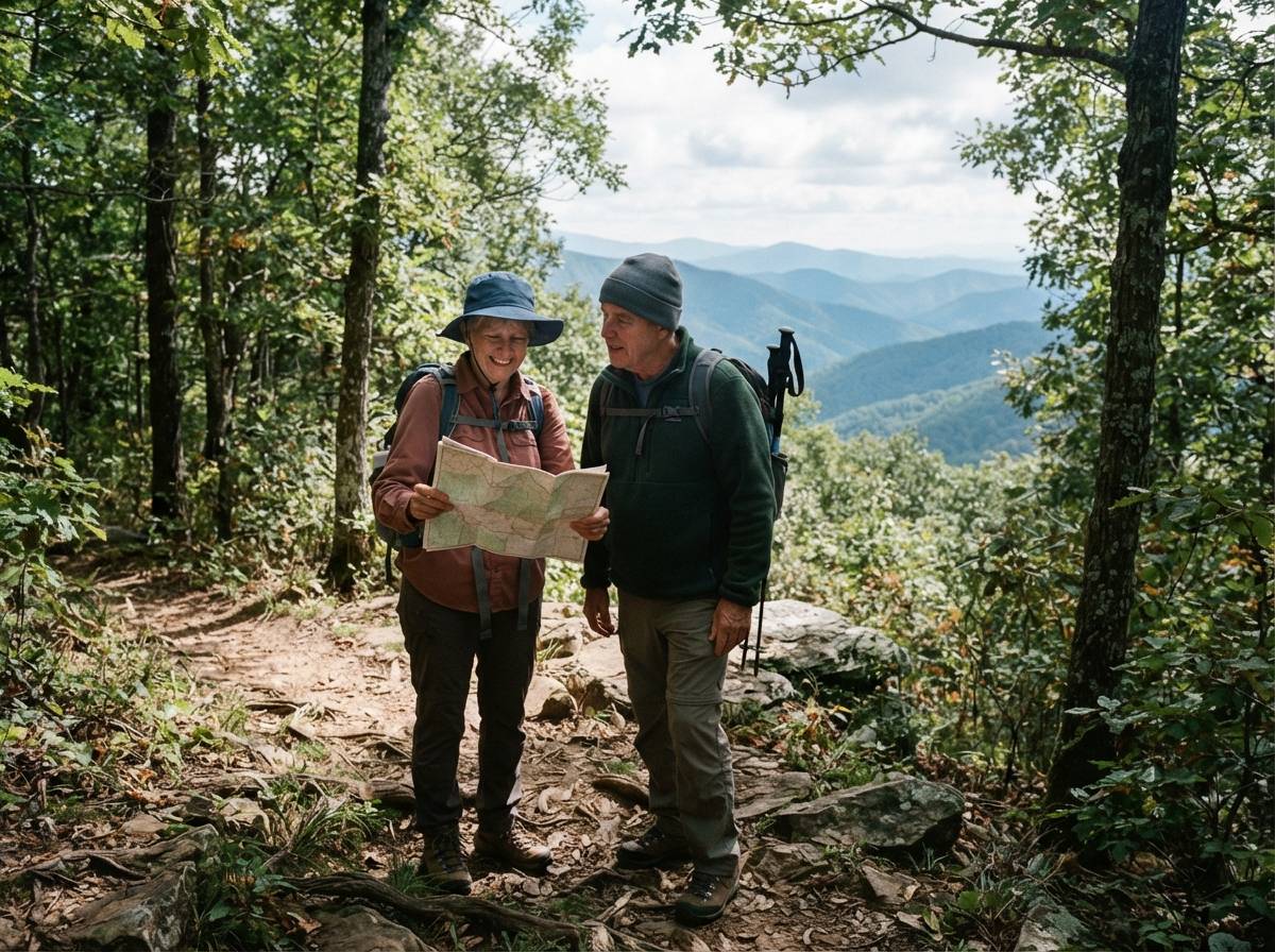 Retirees pause on a mountain hiking trail with layered ridgelines visible in the background.