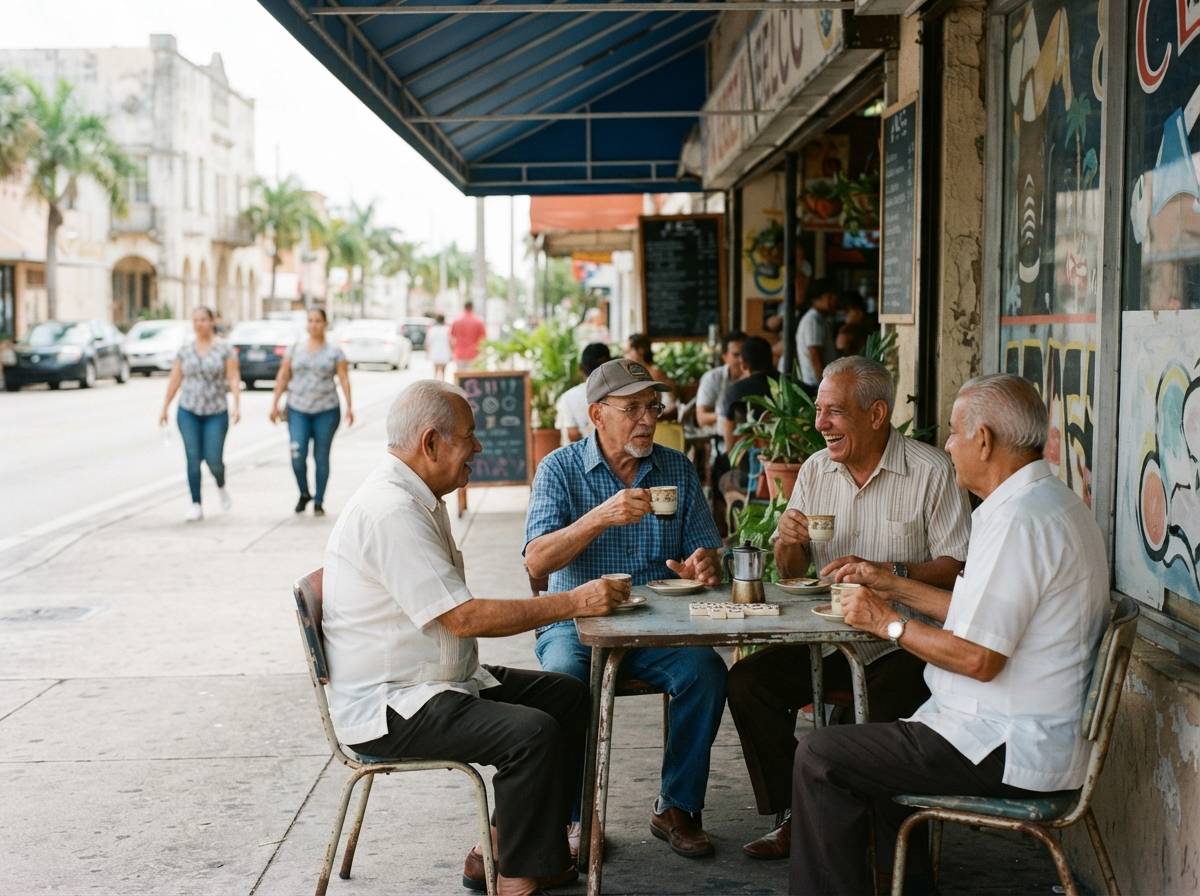 Retirees sit outside a small Cuban cafe on a busy Hialeah street sipping coffee.