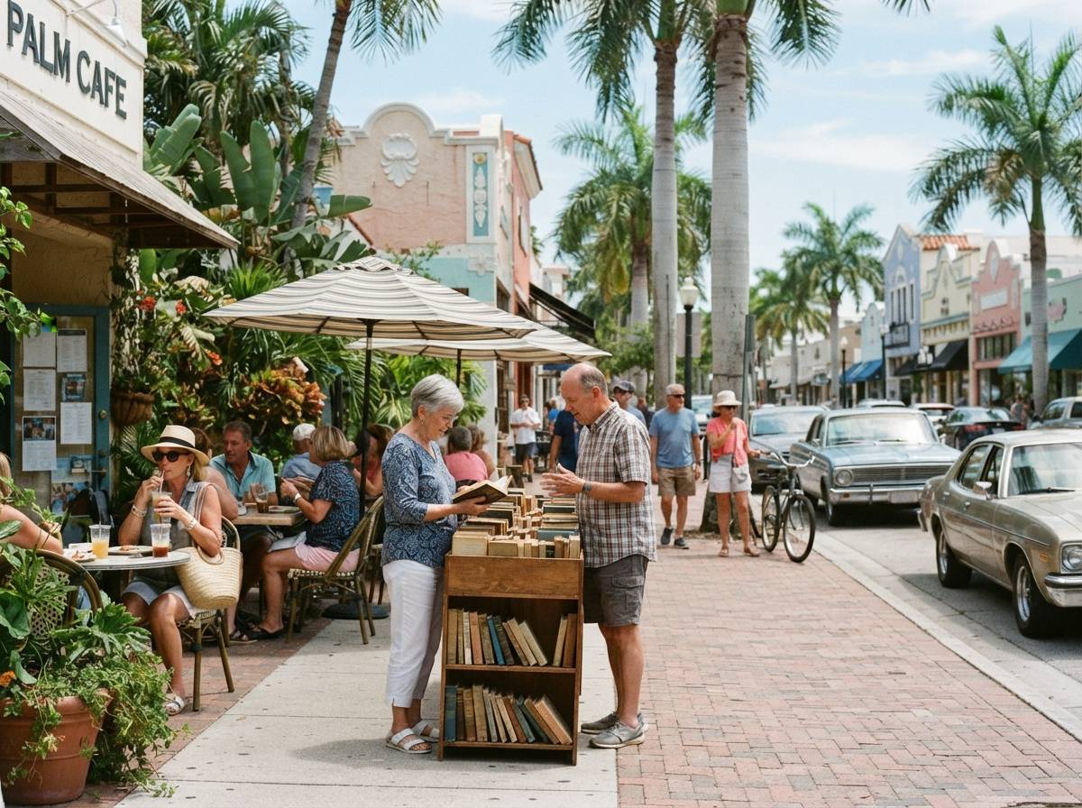 Retirees walk past cafes and shops on a sunny downtown street.