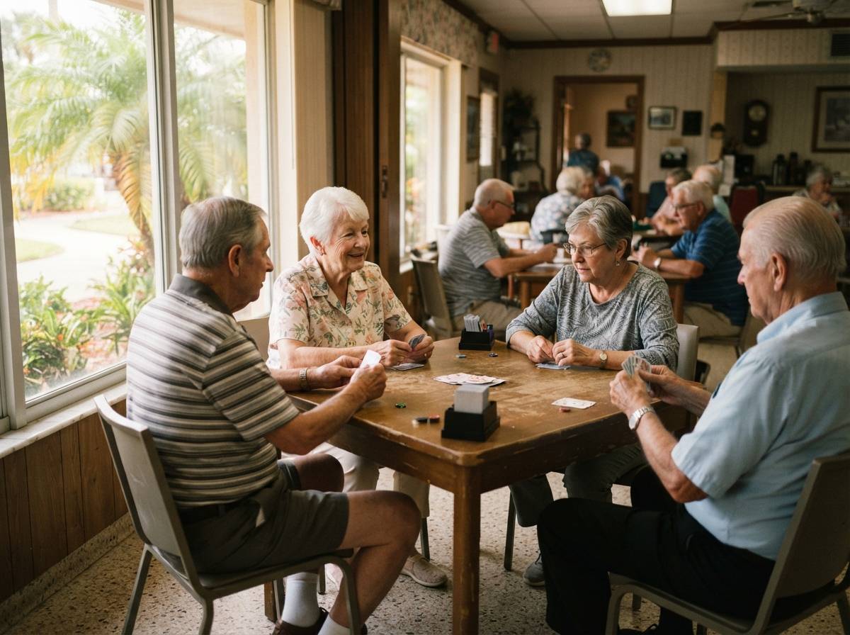 Seniors sitting at a table inside a Florida retirement community clubhouse in the afternoon light.
