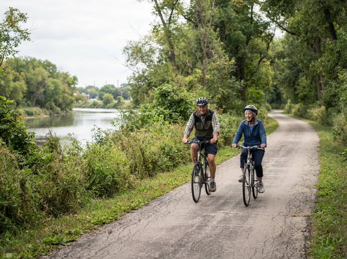 Two cyclists ride on the Fox River Trail beside the water in Elgin.