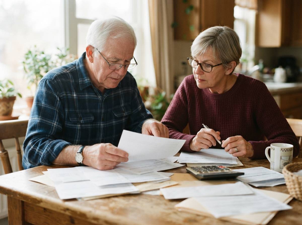 Two retirees sit at a kitchen table reviewing financial documents and using a calculator.