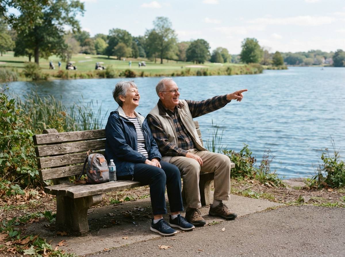 Two retirees sit on a bench by a lake in a public park, chatting and laughing.