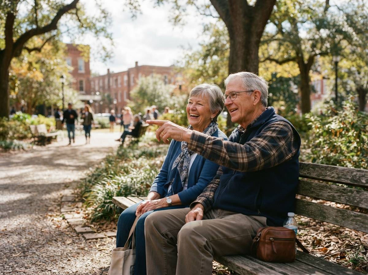 Two retirees sit on a park bench in a small town, talking and pointing at something in the distance.