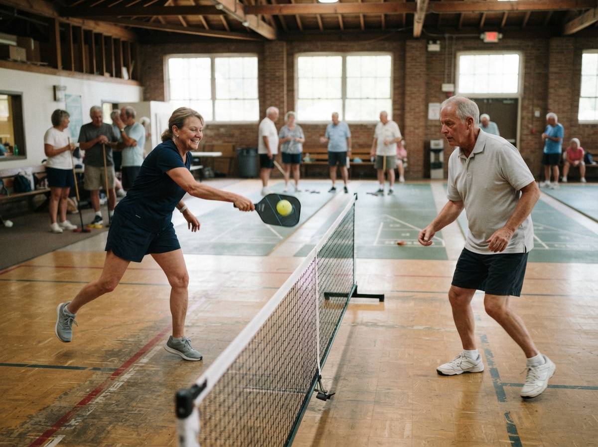 Two seniors play pickleball inside a community center while others socialize nearby.